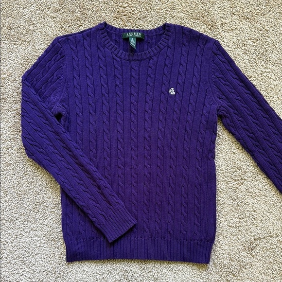 Lauren Ralph Lauren Dark Purple Cable Knit Crewneck Sweater White Logo - Picture 1 of 6